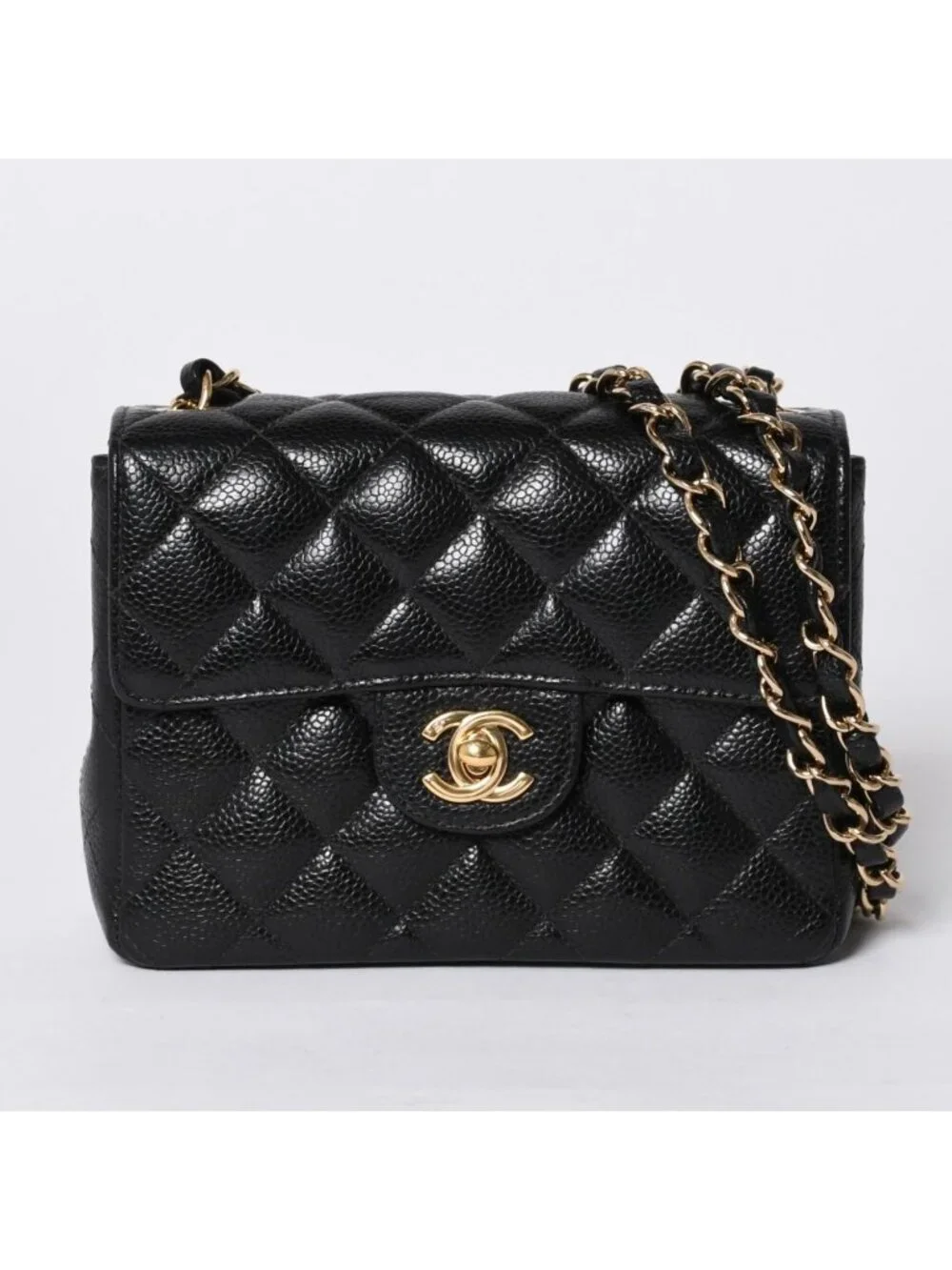 Chanel Mini Quilted Chain Shoulder Bag Caviar Leather Gold Black
